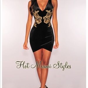 Black Velvet 3D Embroidered Gold Roses Dress